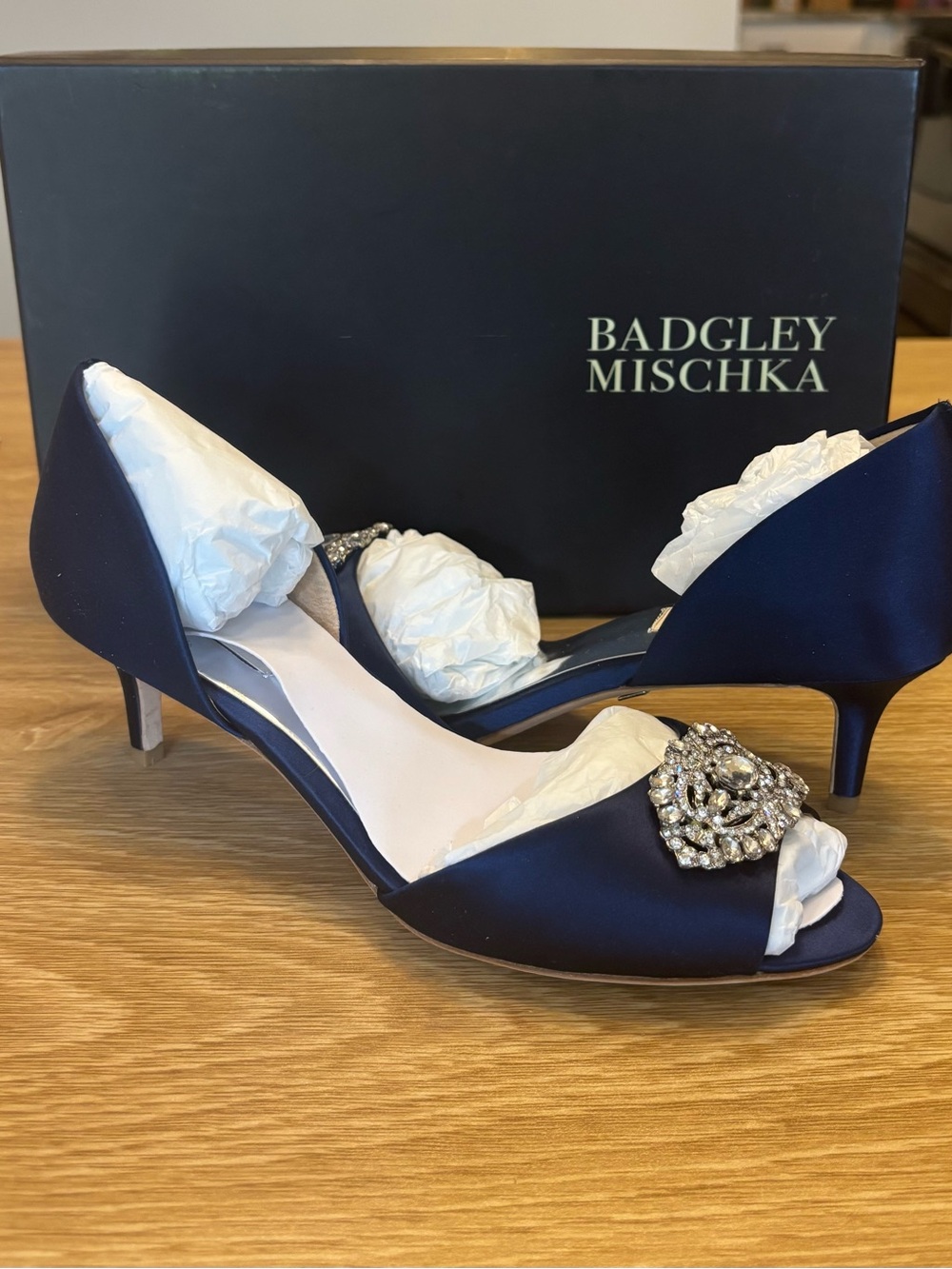 Badgley Mischka Navy Satin D'Orsay Heels with Crystal Rosette